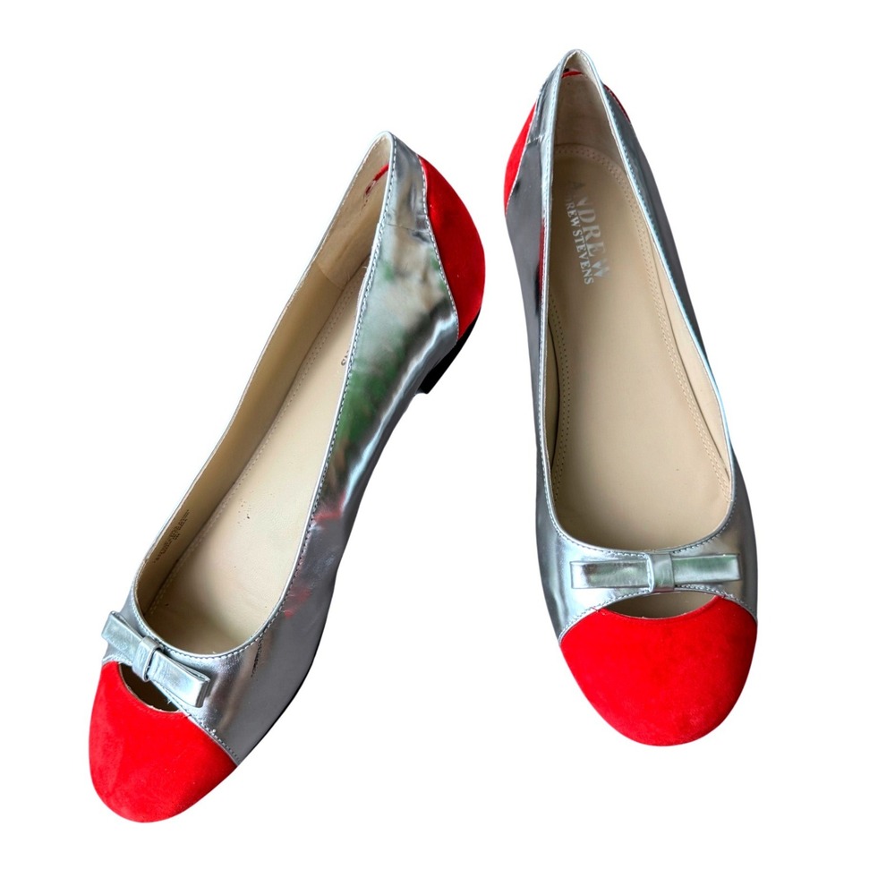 Andrew Stevens Ballet Flats Metallic Silver Red Suede Bow Colorblock 9M